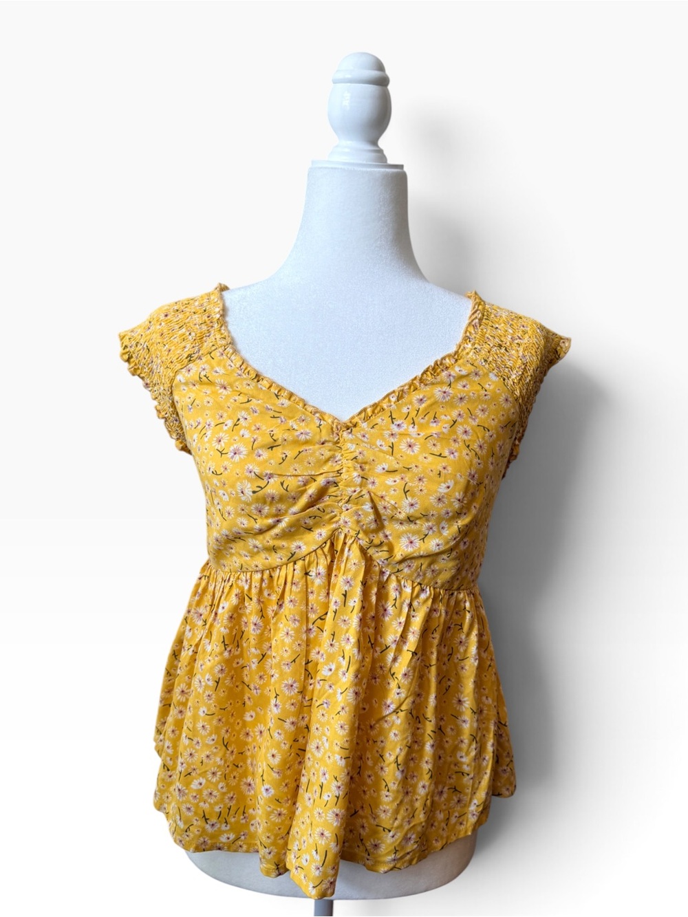 Smocked Cap-Sleeve Yellow Floral Peplum Top